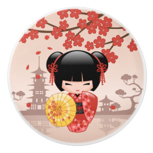 Pomo De Cerámica Muñeca roja Sakura Kokeshi - Geisha japonesa