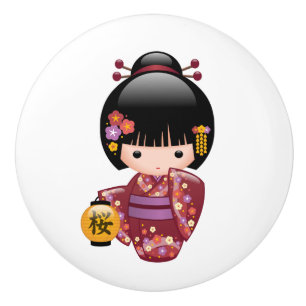 Pomo De Cerámica Muñeca Sakura Kokeshi - Chica de Geisha en blanco