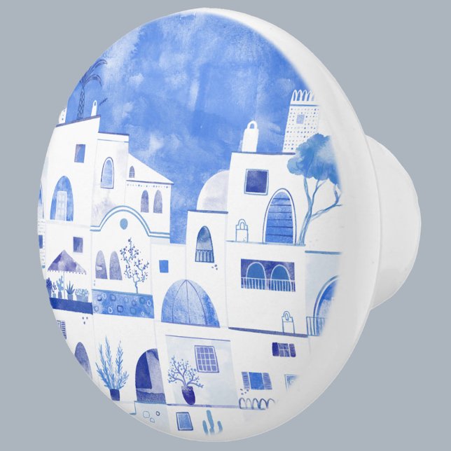 Pomo De Cerámica Municipio de Santorini (Santorini Greece watercolor art blue and white ceramic door knob)