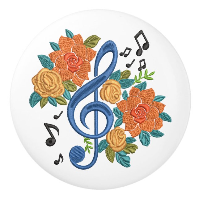 Pomo De Cerámica Music Notes Musical Clef Floral Naranja Blue (Anverso)