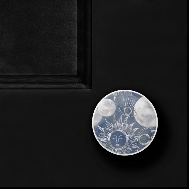 Pomo De Cerámica Mystique solar | Dusty Blue Silver Moon Stars Sun (Subido por el creador)
