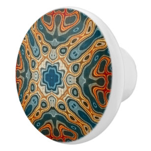 Pomo De Cerámica Naranja azul verde azulado Arte de tribu étnica ve