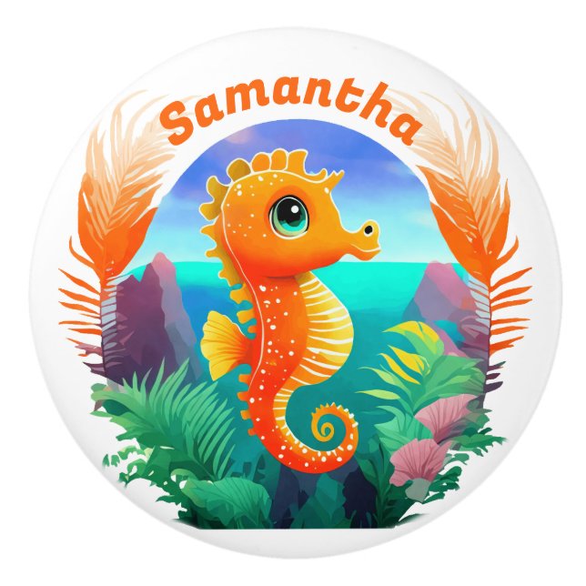 Pomo De Cerámica Naranja Cute Seahorse estilo Personalizado (Anverso)