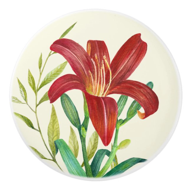 Pomo De Cerámica Naranja de acuarela Ilustracion Lily sobre Beige (Anverso)