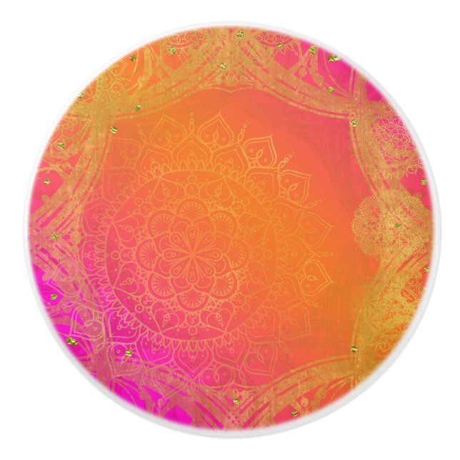 Pomo De Cerámica Naranja rosa de Fuchsia y Glam de Mandala indio de (Anverso)
