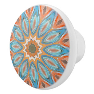 Pomo De Cerámica Naranja Turquoise Blue Red Peach Mandala Round Sun