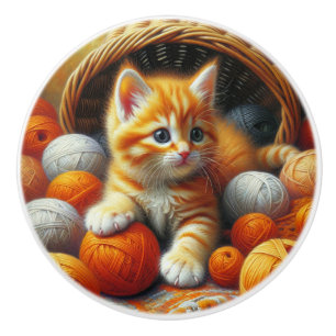 Pomo De Cerámica Naranja y gatito blanco jugando en yarn