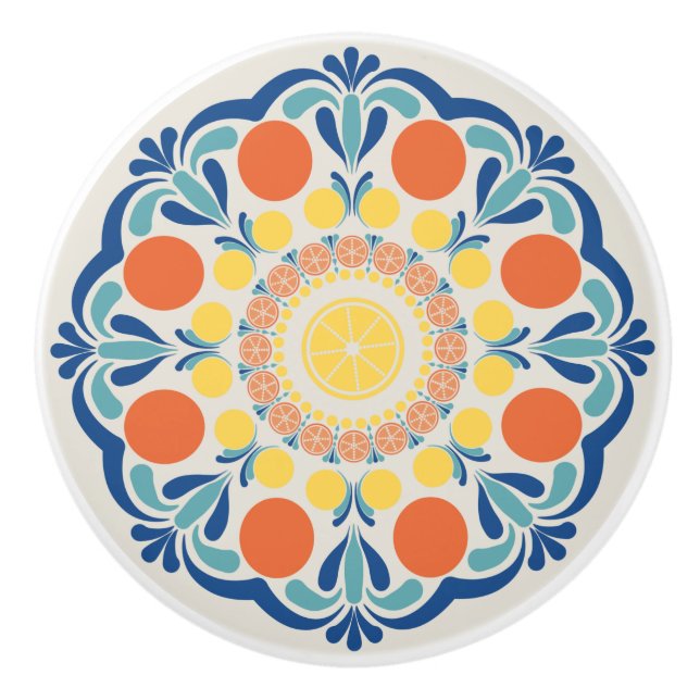 Pomo De Cerámica Naranjas De Verano Del Egeo Y Lemons Dot Mandala (Anverso)