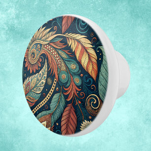 Pomo De Cerámica Nativo americano Feather Swirl Terra Cotta Verde a
