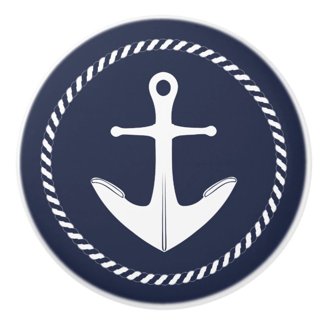 Pomo De Cerámica Nautical Anchor Naval Azul y Blanco (Anverso)