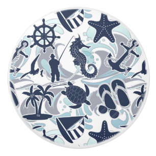 Pomo De Cerámica Nautical Beach Pattern Navy ID839