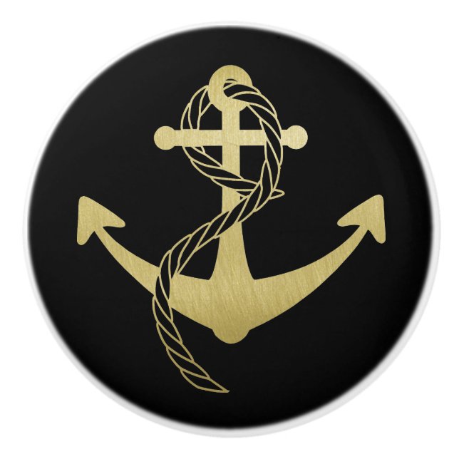 Pomo De Cerámica Nautical Black and Gold Sailboat Yachor (Anverso)