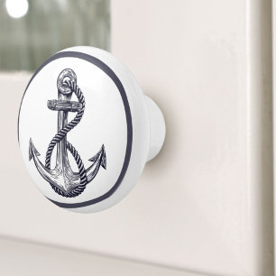 Pomo De Cerámica Nautical Coastal Beach House Gray Ship Anchor