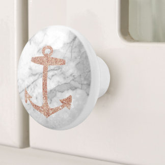 Pomo De Cerámica Nautical Coastal Beach White Marble Ship Anchor