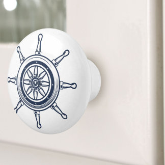 Pomo De Cerámica Nautical Coastal Blue Beach House Boat Ship Wheel