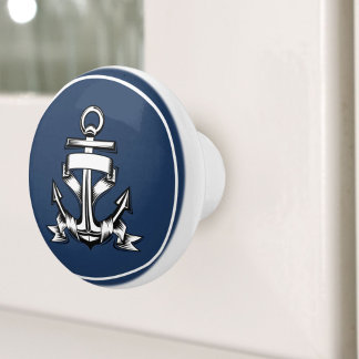 Pomo De Cerámica Nautical Coastal Blue Beach House Ship Anchor