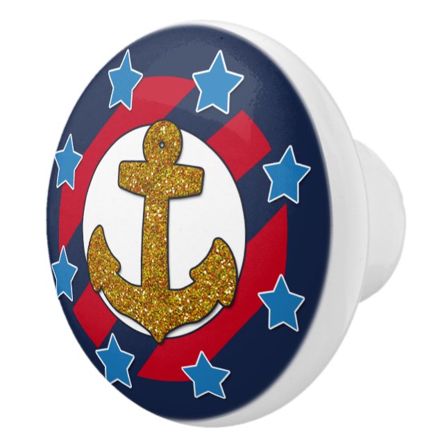 Pomo De Cerámica Nautical | Faux Gold Purpurina Anchor | Estrellas (Derecha)