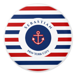 Pomo De Cerámica Nautical Marine Navy Blue Red White Stripes Anchor
