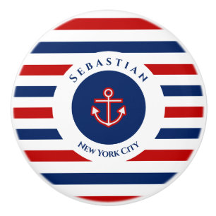 Pomo De Cerámica Nautical Marine Navy Blue Red White Stripes Anchor