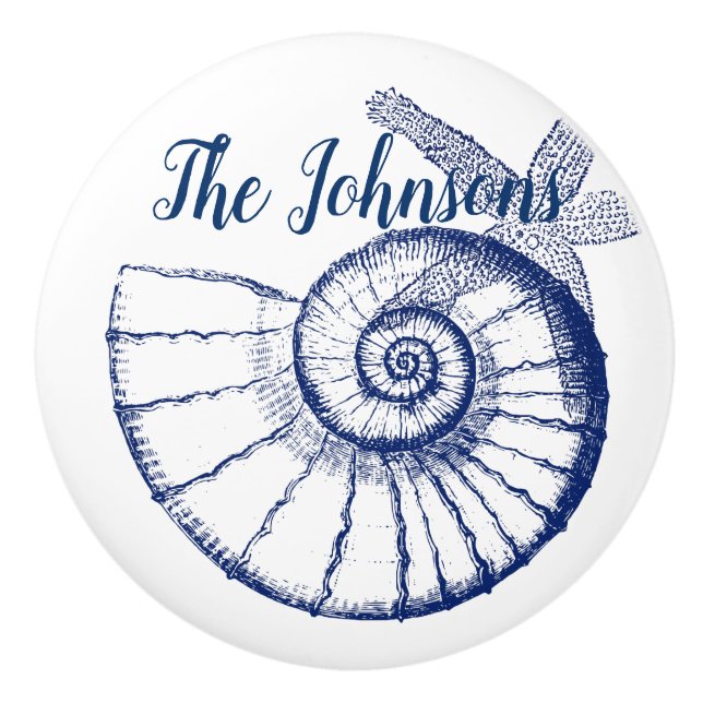 Pomo De Cerámica Nautilus Seashell y Starfish Marine Life Personali (Anverso)