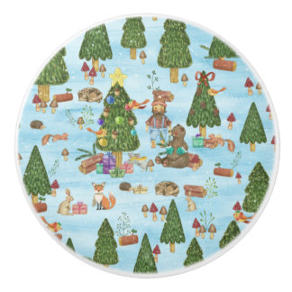 Pomo De Cerámica Navidades de animales y leñadores en bosque de inv
