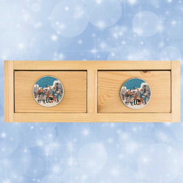 Pomo De Cerámica Navidades de notas musicales Carolers Stars Villag (Group musicians Christmas carolers on old time street corner by lamp post on drawer knob pull.)