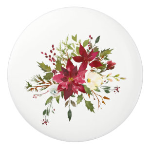 Pomo De Cerámica Navidades Holiday Poinsettia Flower Holly Berry