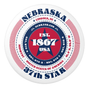 Pomo De Cerámica Nebraska Tipografía Azul Blanco Rojo del Estado de