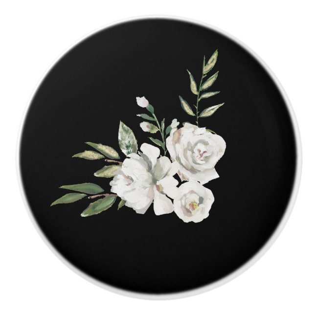 Pomo De Cerámica Negro elegante con Cajón de flores blancas (Anverso)