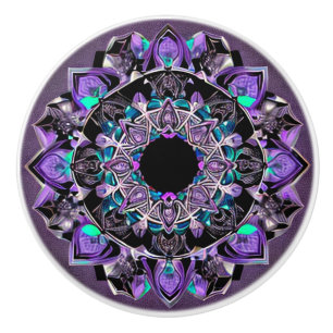 Pomo De Cerámica Negro, púrpura y Verde azulado Mandala Knob cerámi