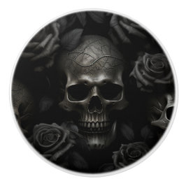 Pomo De Cerámica Negro sobre el cráneo negro y Rosas Diseño gótico