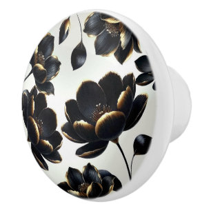 Pomo De Cerámica Negro y dorado floral beige elegante oscuro melanc