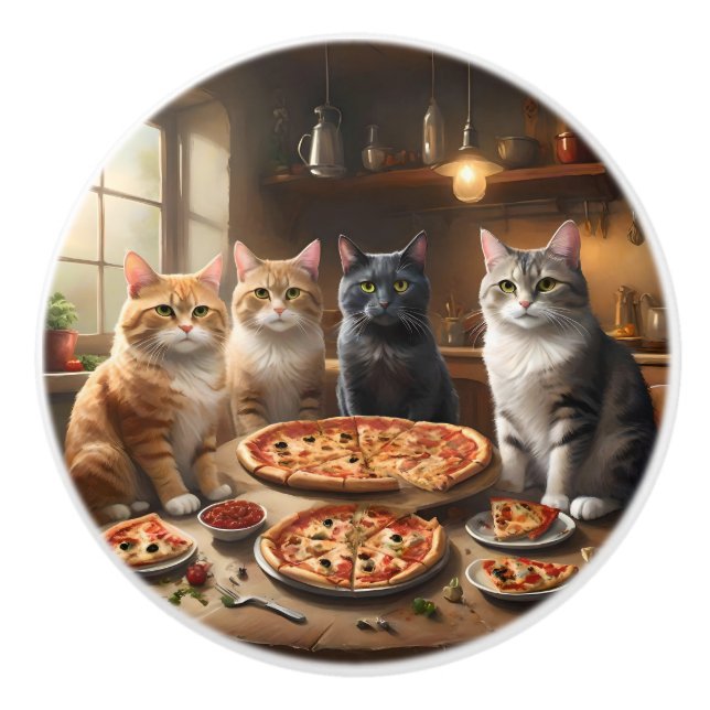 Pomo De Cerámica Noche Cat Pizza, (Anverso)