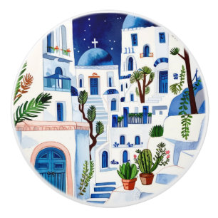 Pomo De Cerámica Noche Santorini Grecia Acuarela Azul Griego