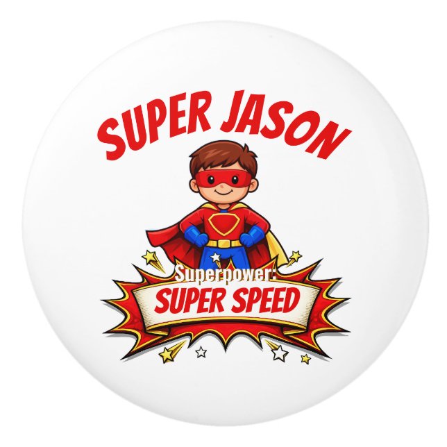 Pomo De Cerámica Nombre de superhéroe personalizado para niños y su (Anverso)