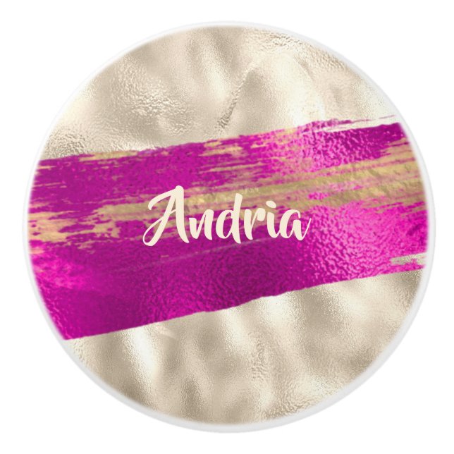 Pomo De Cerámica Nombre DIY Pincel Texto Fuchsia Platinum Faux Metá (Anverso)