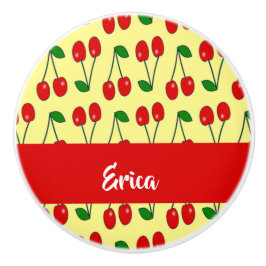 Pomo De Cerámica Nombre personalizado de cerezas rojas en amarillo
