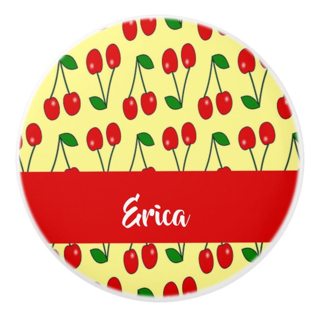 Pomo De Cerámica Nombre personalizado de cerezas rojas en amarillo (Anverso)