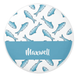 Pomo De Cerámica Nombre personalizado pez azul en blanco