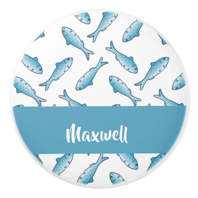 Pomo De Cerámica Nombre personalizado pez azul en blanco (Anverso)