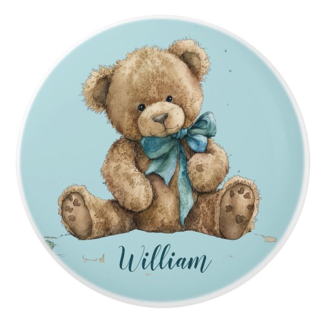 Pomo De Cerámica Nursera Baby Blue Teddy Bear Nombre (Anverso)