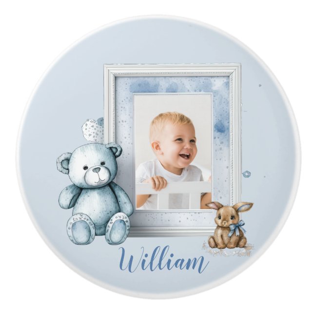 Pomo De Cerámica Nursery Baby Blue Photo Frame Teddy Bunny (Anverso)