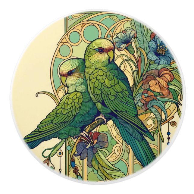 Pomo De Cerámica NZ Birds Kakariki art nouveau knob (Anverso)