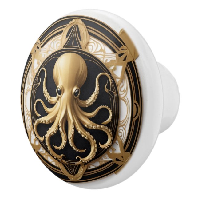 Pomo De Cerámica Octopus Art Deco Black White Gold Nautical (Derecha)