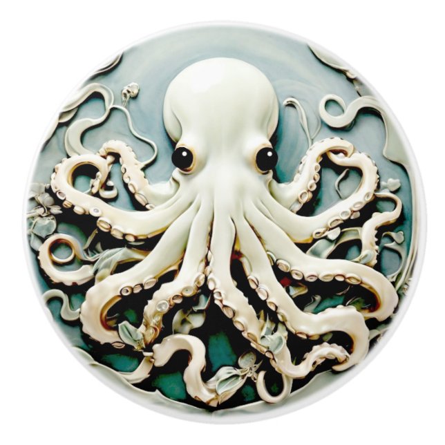 Pomo De Cerámica Octopus de ayuda de Art Nouveau Faux - Vida marina (Anverso)