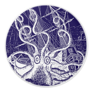 Pomo De Cerámica Octopus gigante Kraken Atacar azul marino