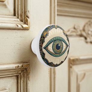 Pomo De Cerámica Ojo Anatómico Art Déco Verde Azul Dorado 