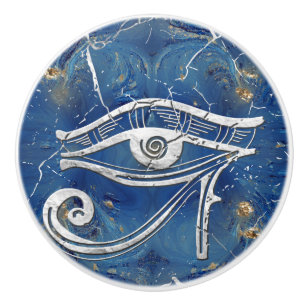 Pomo De Cerámica Ojo egipcio de plata de Horus en el mármol azul