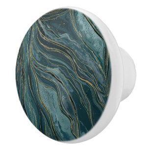 Pomo De Cerámica Olas abstractas de acuarela en azul teal y oro