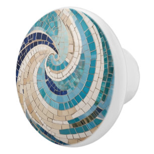 Pomo De Cerámica Olas de playa y océano Resumen Mosaico Azul de Aqu